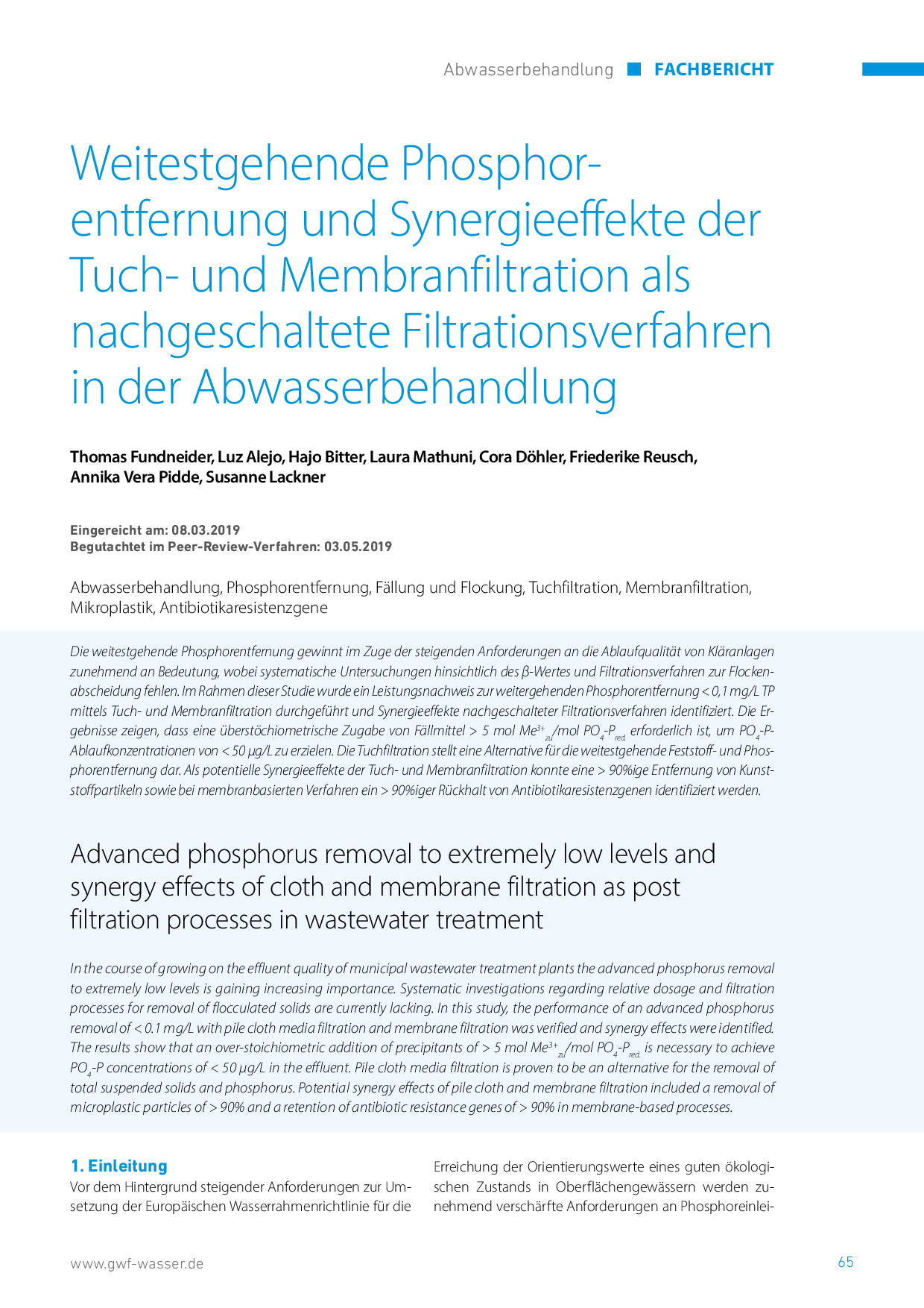 Weitestgehende Phosphorentfernung und Synergieeffekte der Tuch- und Membranfiltration als nachgeschaltete Filtrationsverfahren in der Abwasserbehandlung