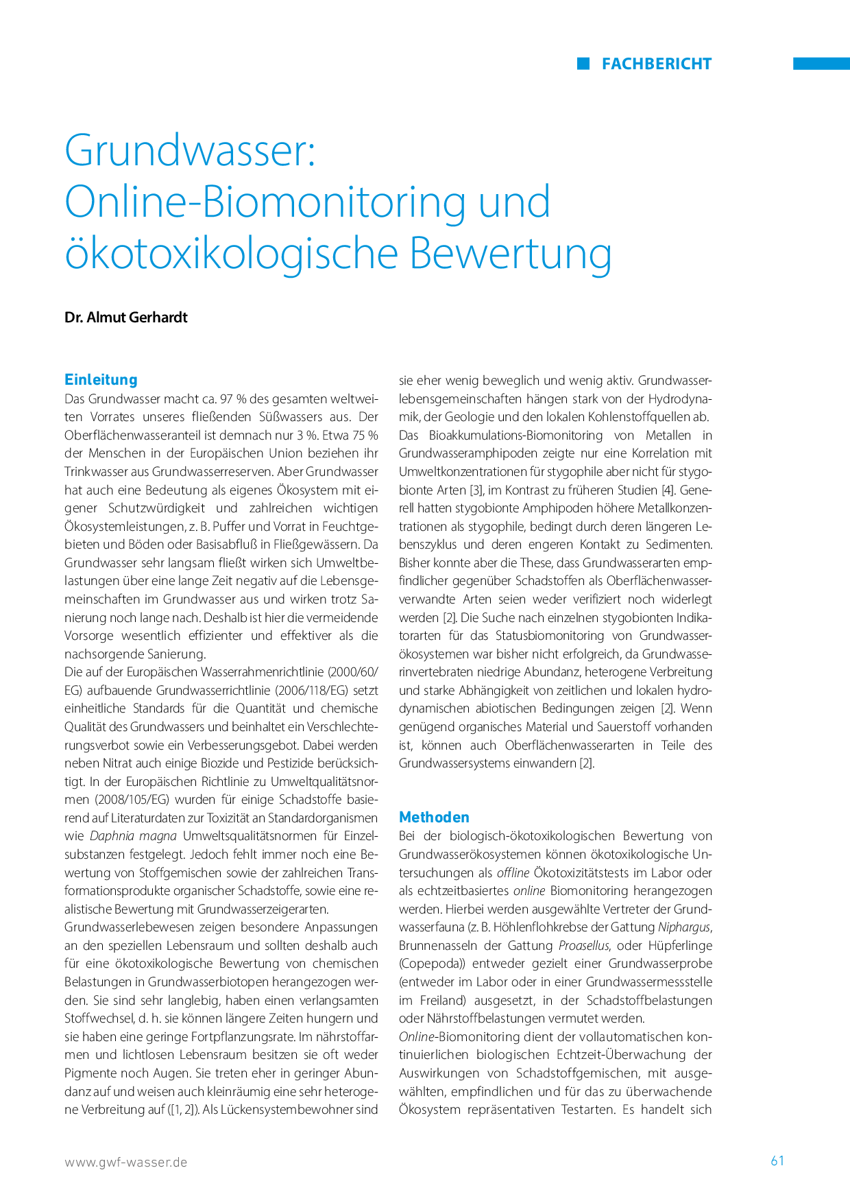 Grundwasser: Online-Biomonitoring und ökotoxikologische Bewertung