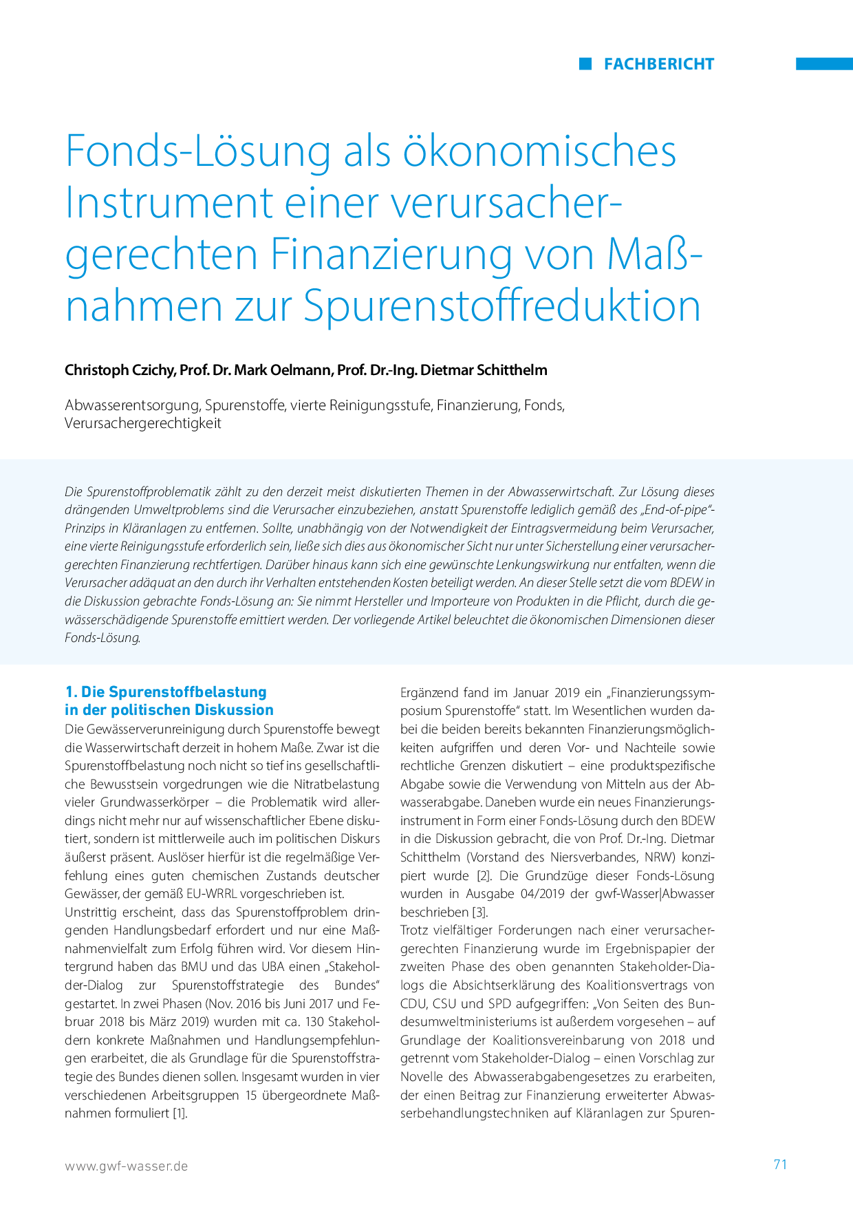 Fonds-Lösung als ökonomisches Instrument einer verursachergerechten Finanzierung von Maßnahmen zur Spurenstoffreduktion