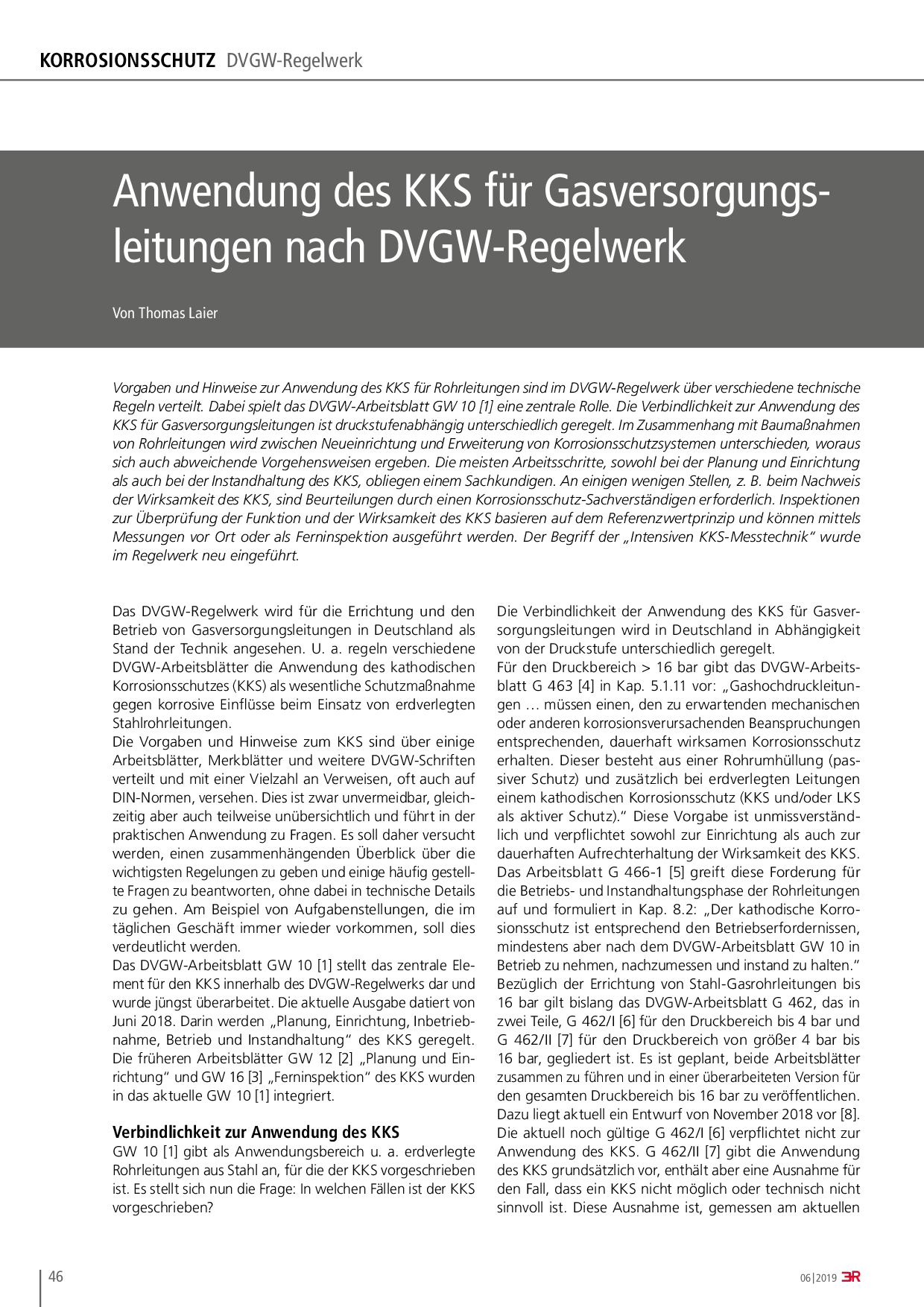 Anwendung des KKS für Gasversorgungsleitungen nach DVGW-Regelwerk