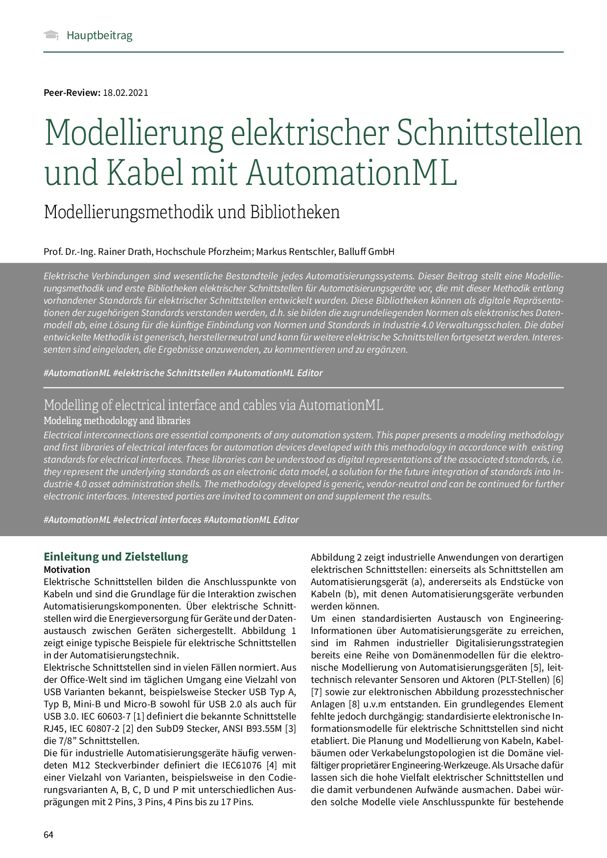 Modellierung elektrischer Schnittstellen und Kabel mit AutomationML