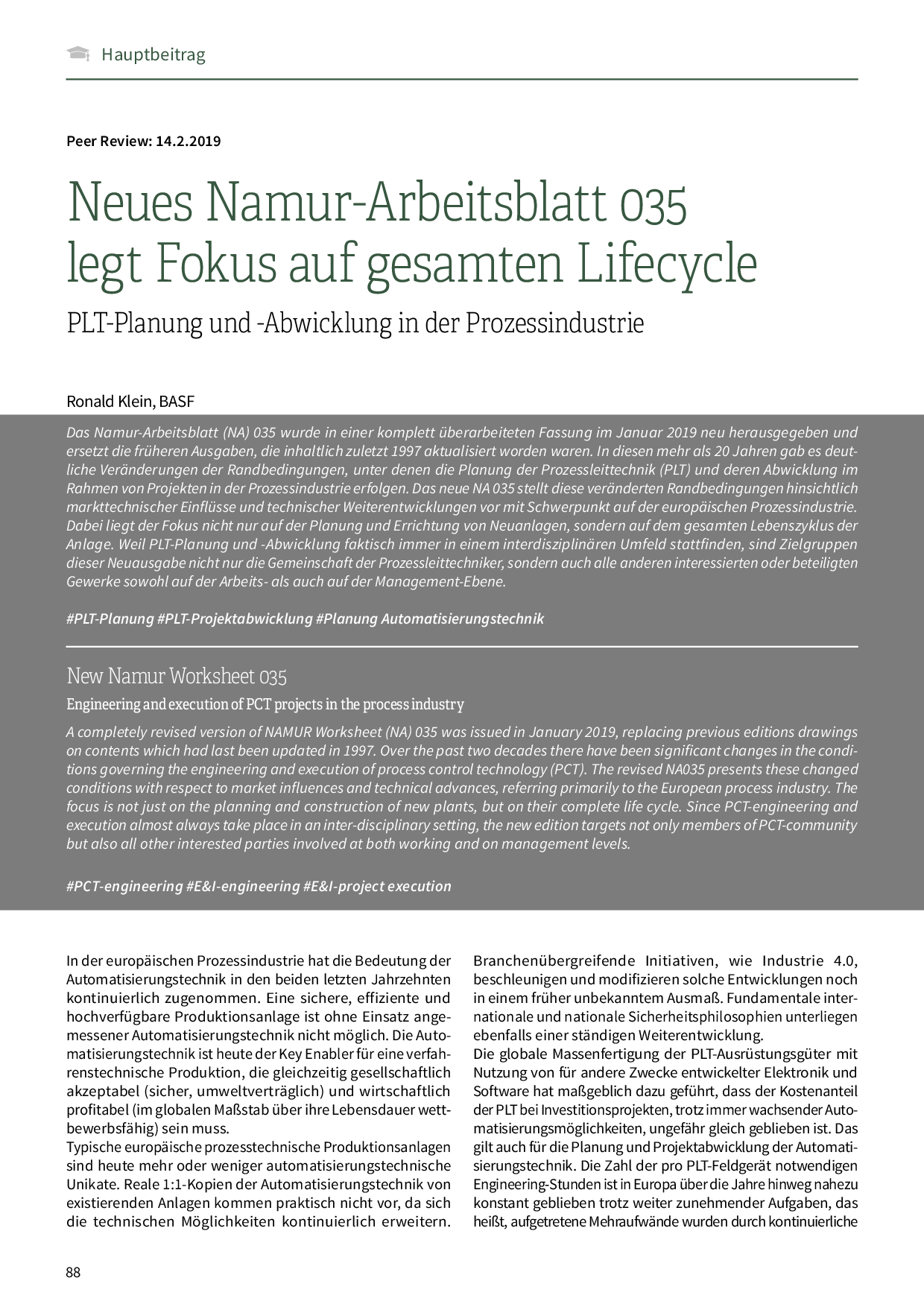Neues Namur-Arbeitsblatt 035 legt Fokus auf gesamten Lifecycle