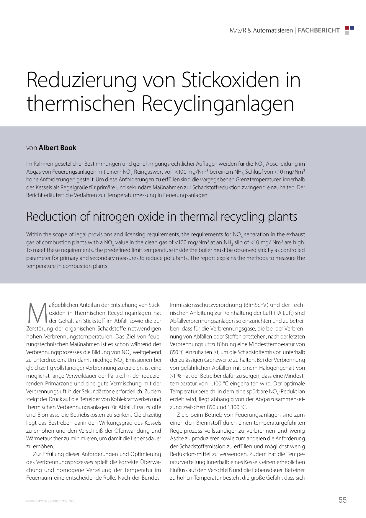 Reduzierung von Stickoxiden in thermischen Recyclinganlagen