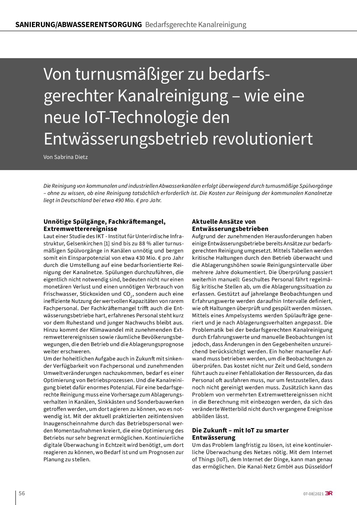 Von turnusmäßiger zu bedarfsgerechter Kanalreinigung – wie eine neue IoT-Technologie den Entwässerungsbetrieb revolutioniert