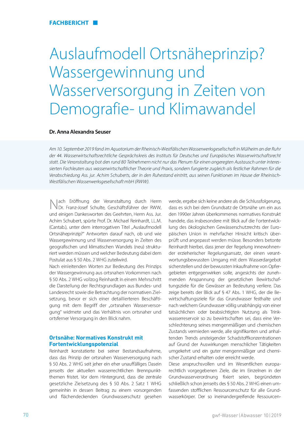 Auslaufmodell Ortsnäheprinzip? Wassergewinnung und Wasserversorgung in Zeiten von Demografie- und Klimawandel