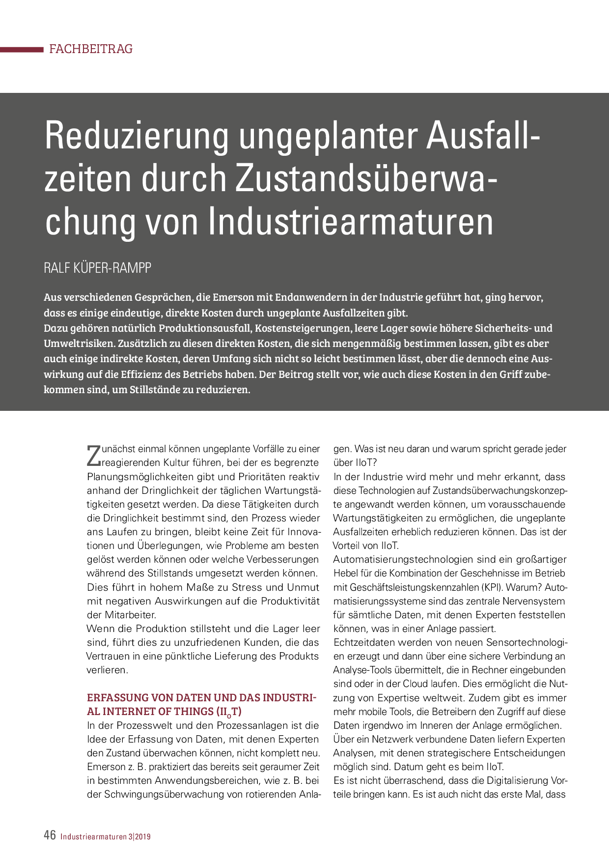 Reduzierung ungeplanter Ausfallzeiten durch Zustandsüberwachung von Industriearmaturen