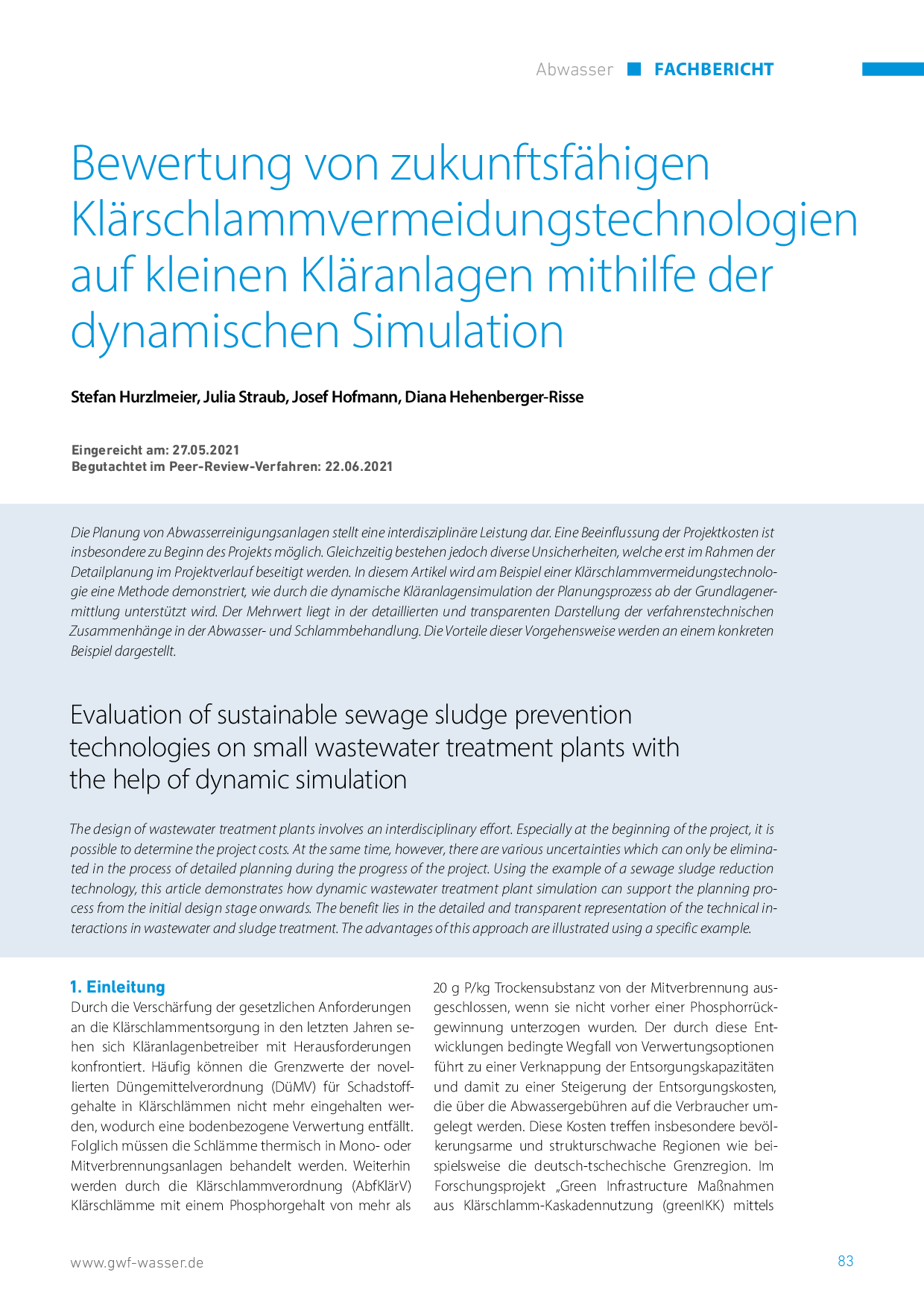 Bewertung von zukunftsfähigen Klärschlammvermeidungstechnologien auf kleinen Kläranlagen mithilfe der dynamischen Simulation