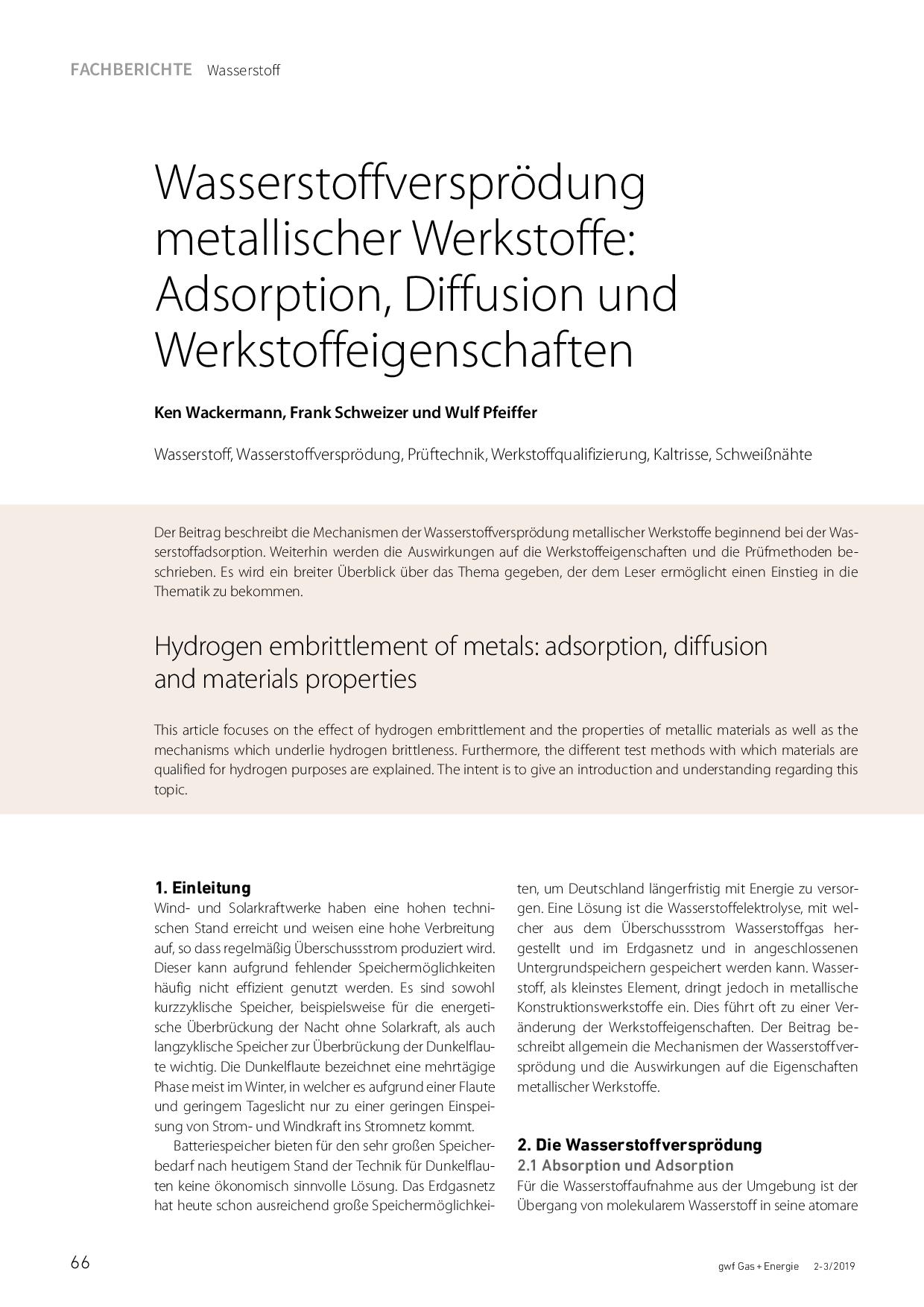 Wasserstoffversprödung metallischer Werkstoffe: Adsorption, Diffusion und Werkstoffeigenschaften