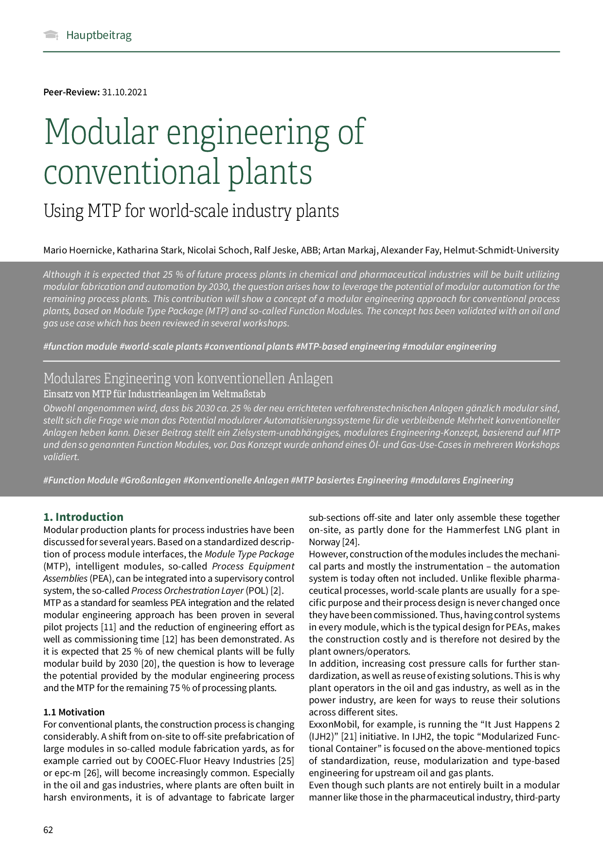 Modular engineering of conventional plants