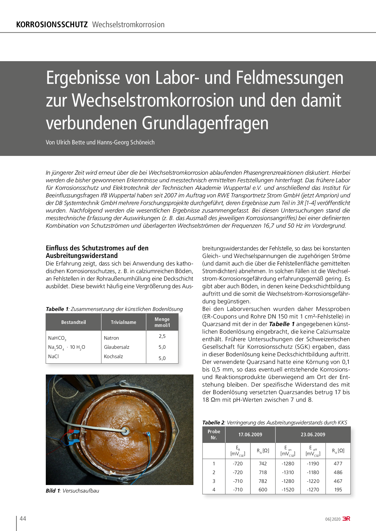 Ergebnisse von Labor- und Feldmessungen zur Wechselstromkorrosion und den damit verbundenen Grundlagenfragen