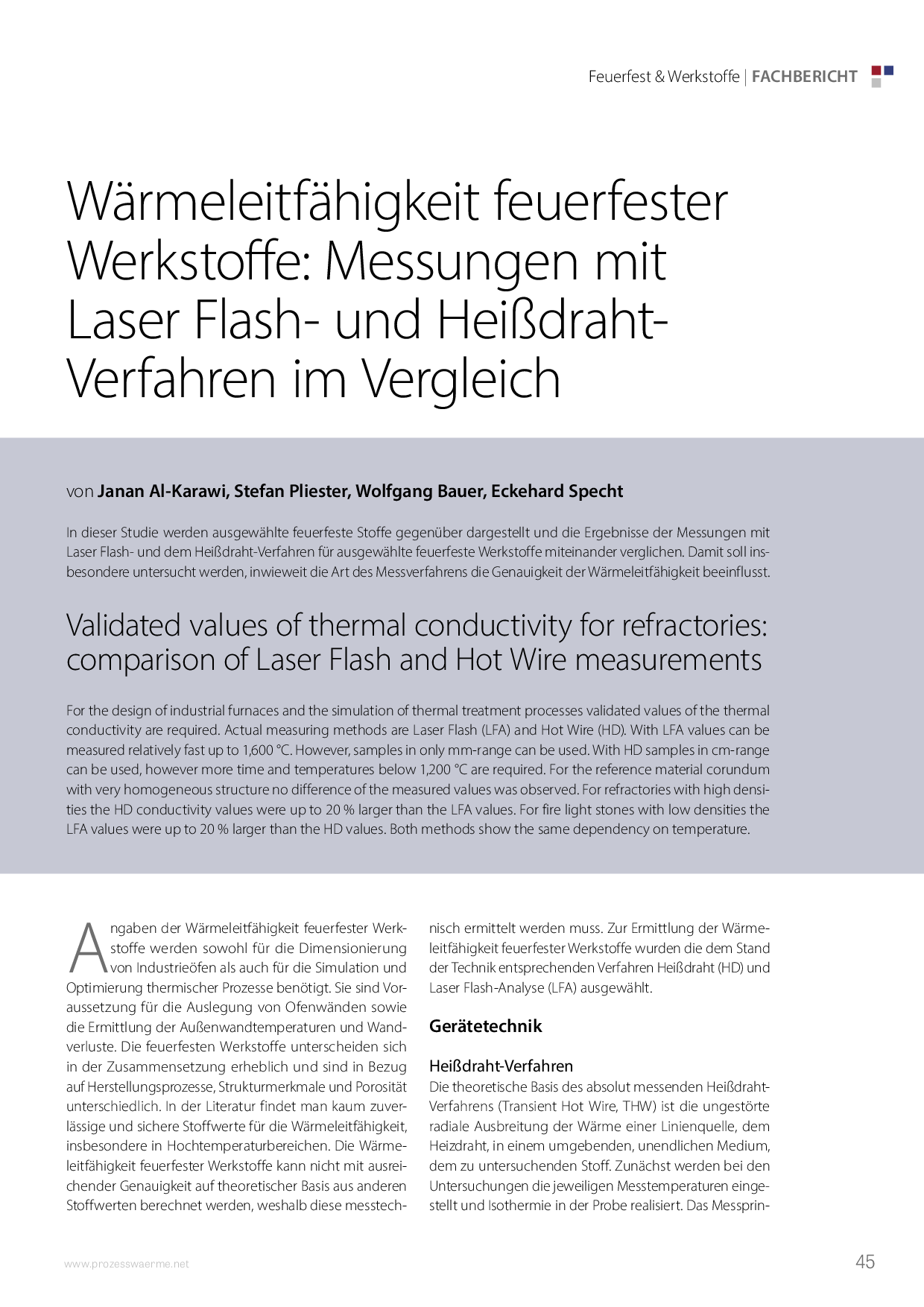 Wärmeleitfähigkeit feuerfester Werkstoffe: Messungen mit Laser Flash- und Heißdraht-Verfahren im Vergleich