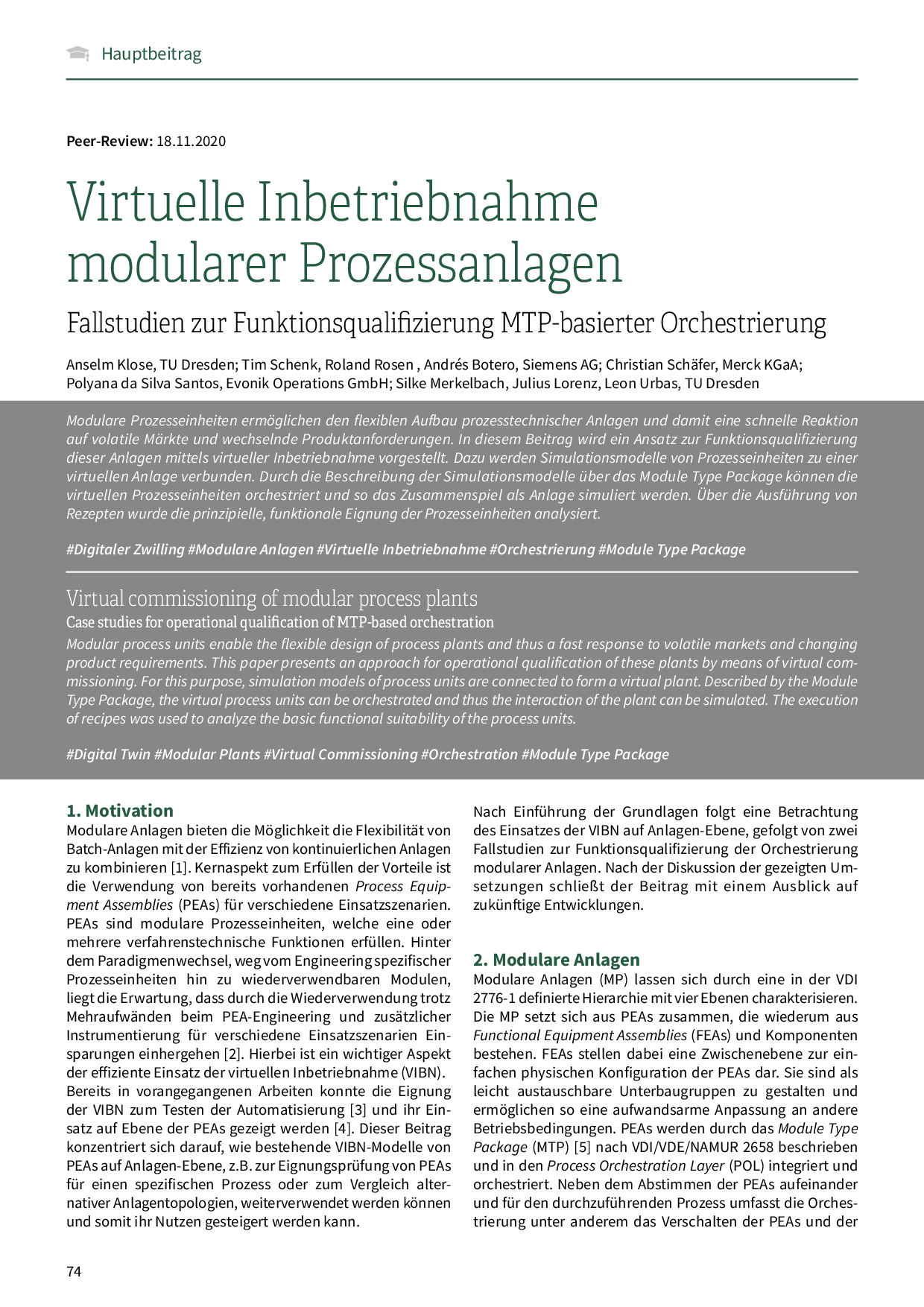 Virtuelle Inbetriebnahme modularer Prozessanlagen