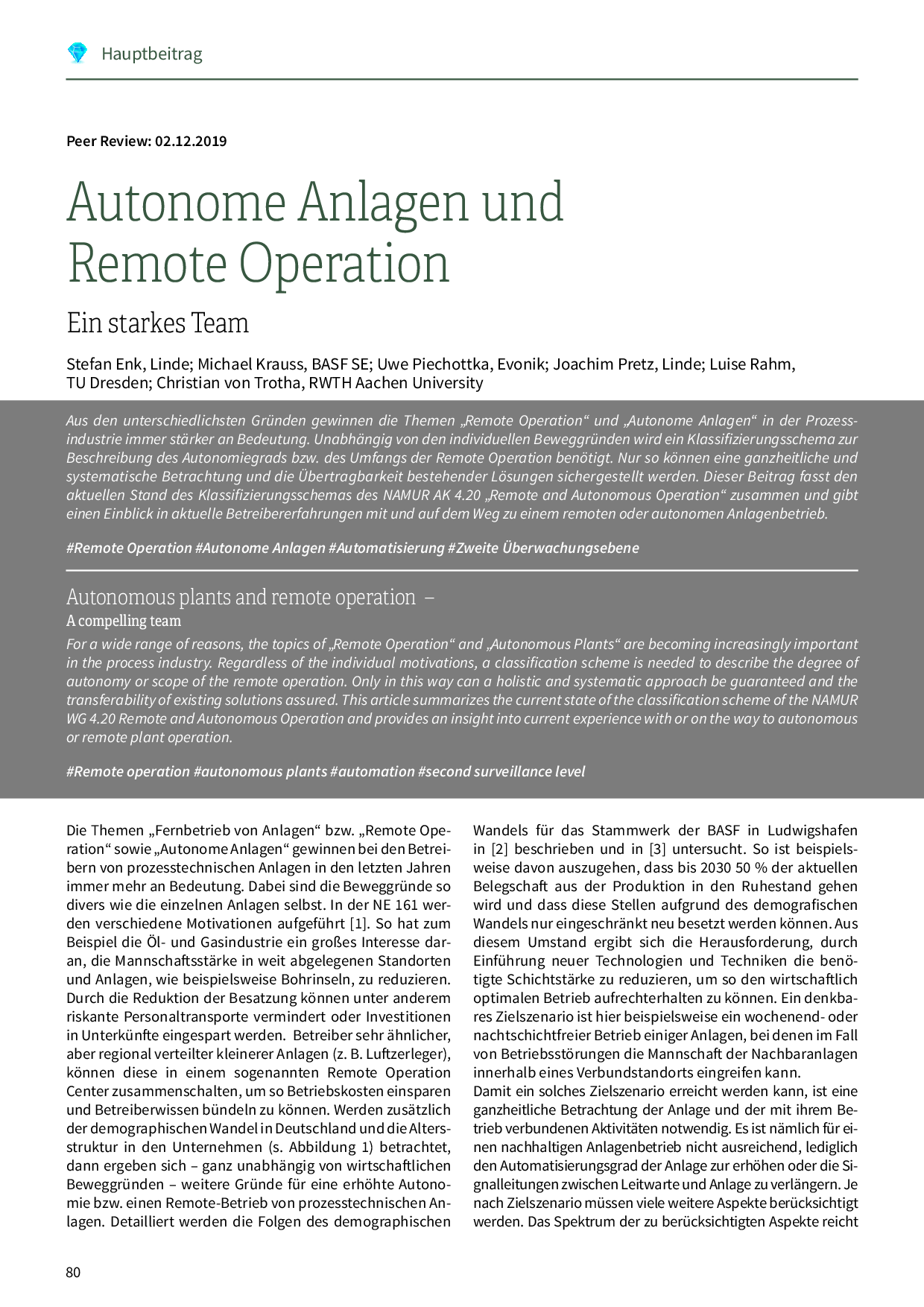 Autonome Anlagen und Remote Operation
