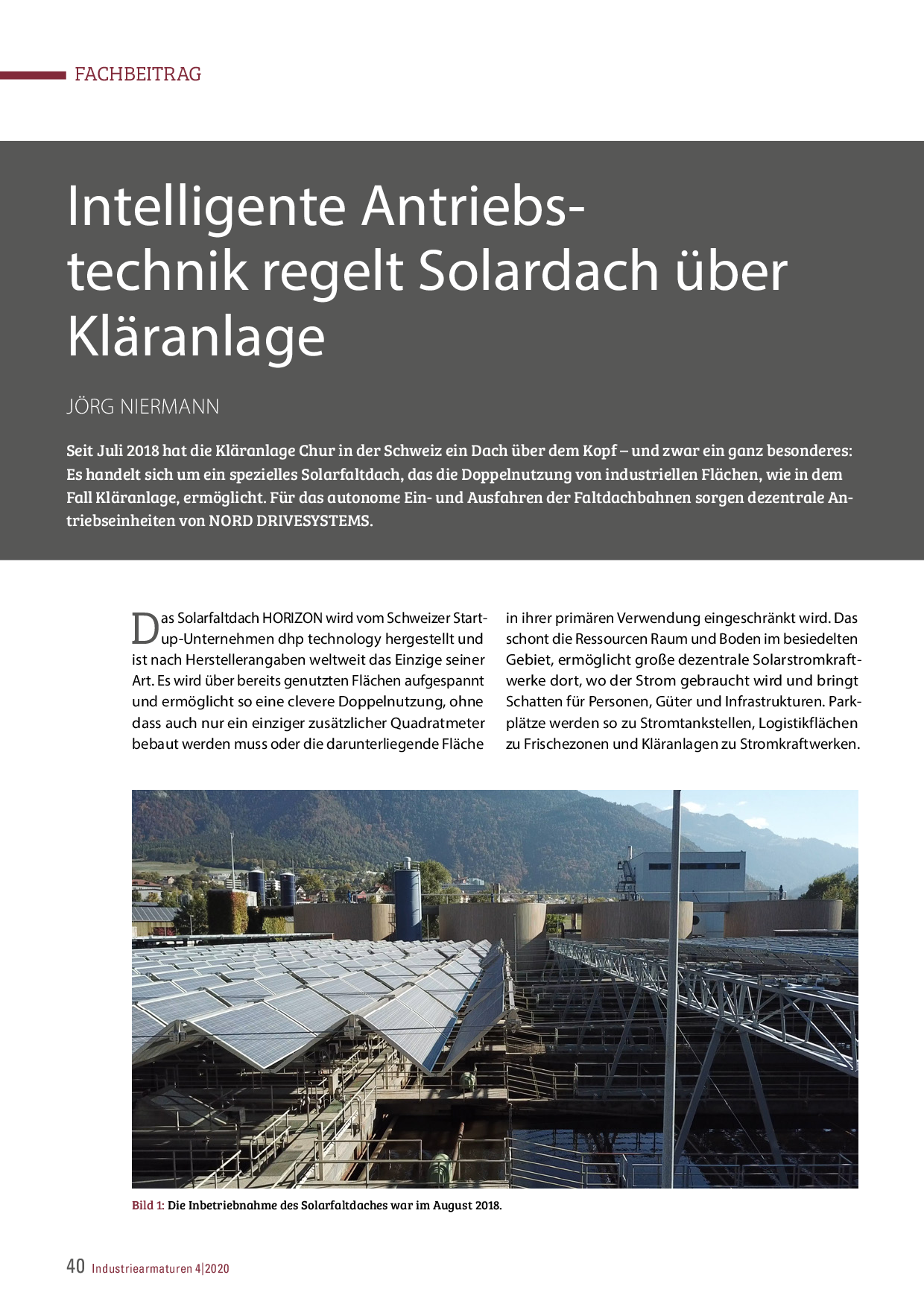 Intelligente Antriebstechnik regelt Solardach über Kläranlage