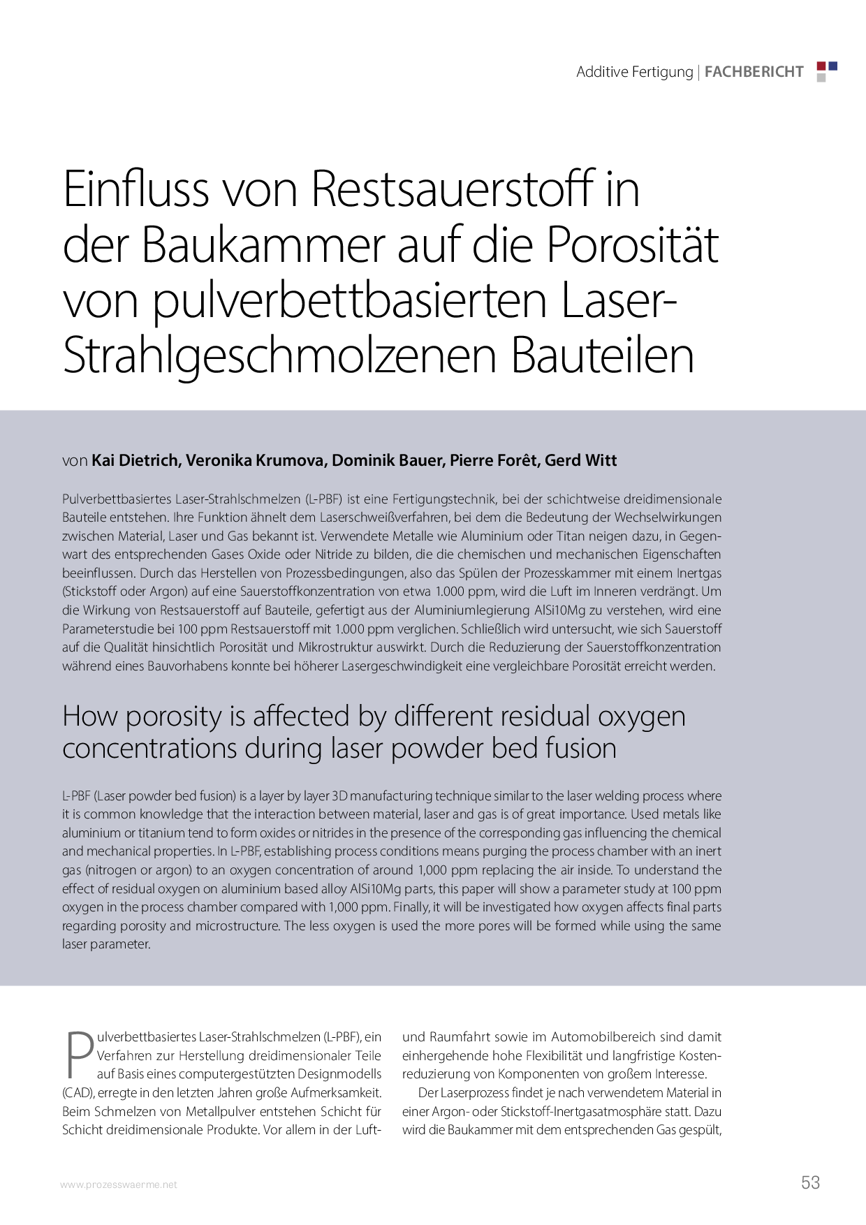 Einfluss von Restsauerstoff in der Baukammer auf die Porosität von pulverbettbasierten Laser-Strahlgeschmolzenen Bauteilen