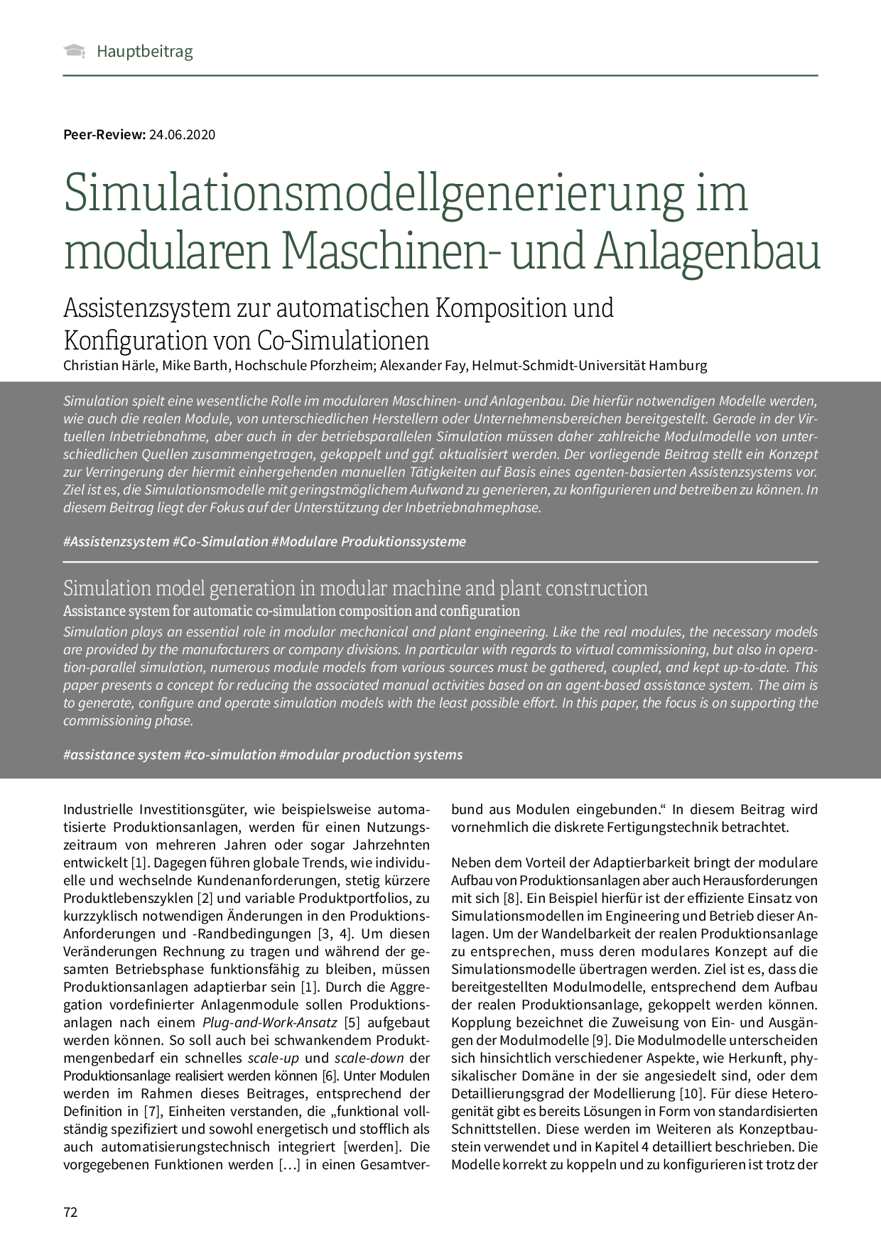 Simulationsmodellgenerierung im modularen Maschinen- und Anlagenbau