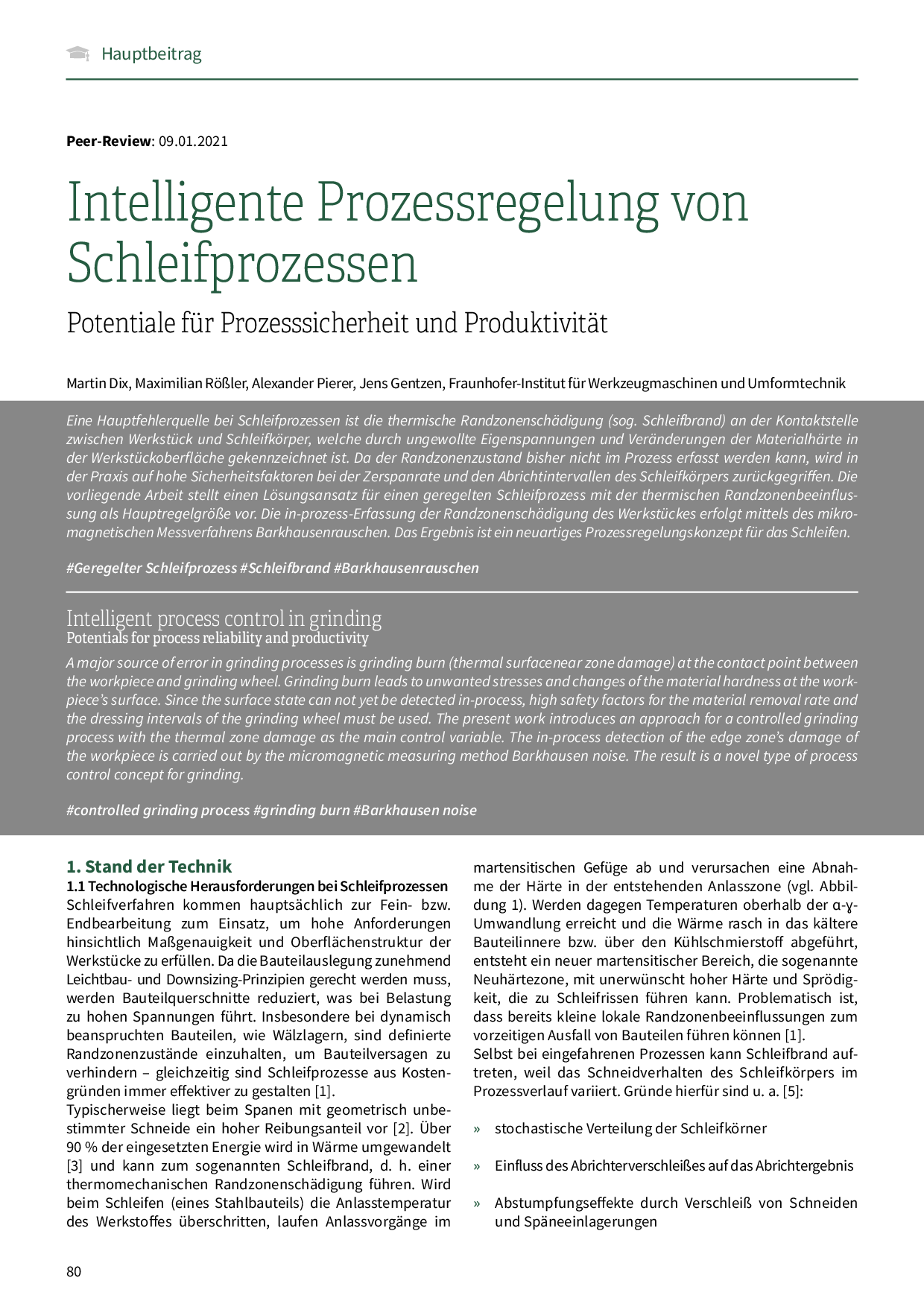 Intelligente Prozessregelung von Schleifprozessen