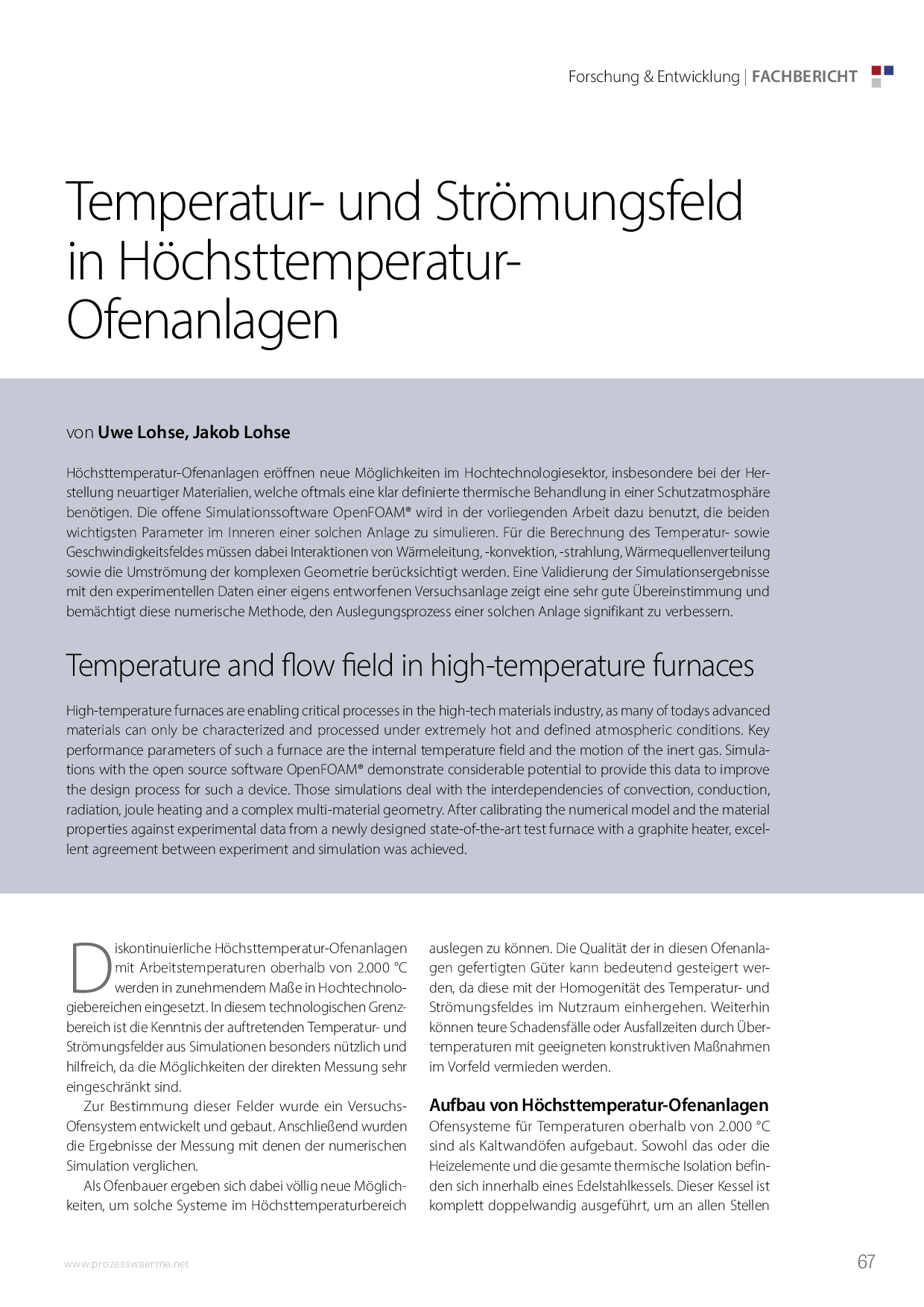 Temperatur- und Strömungsfeld in Höchsttemperatur-Ofenanlagen