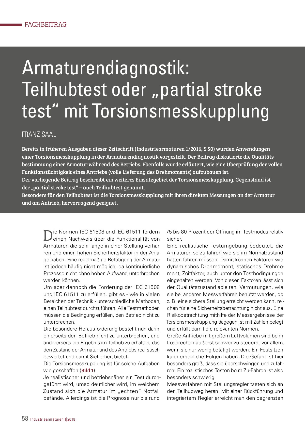 Armaturendiagnostik: Teilhubtest oder „partial stroke test“ mit Torsionsmesskupplung