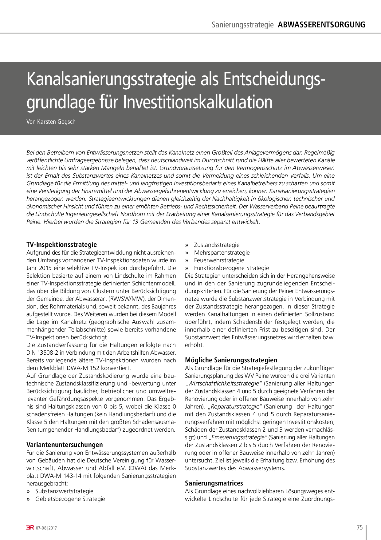 Kanalsanierungsstrategie als Entscheidungsgrundlage für Investitionskalkulation