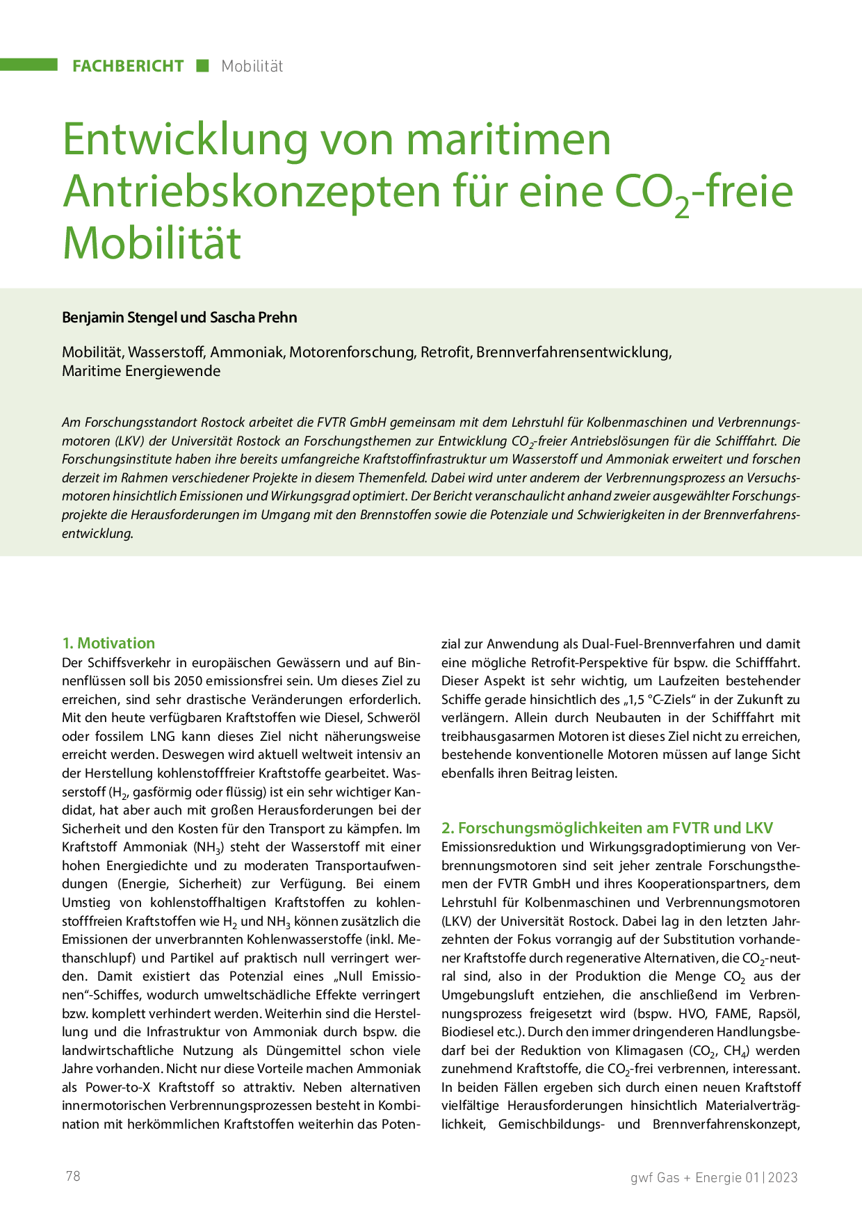 Entwicklung von maritimen Antriebskonzepten für eine CO2-freie Mobilität