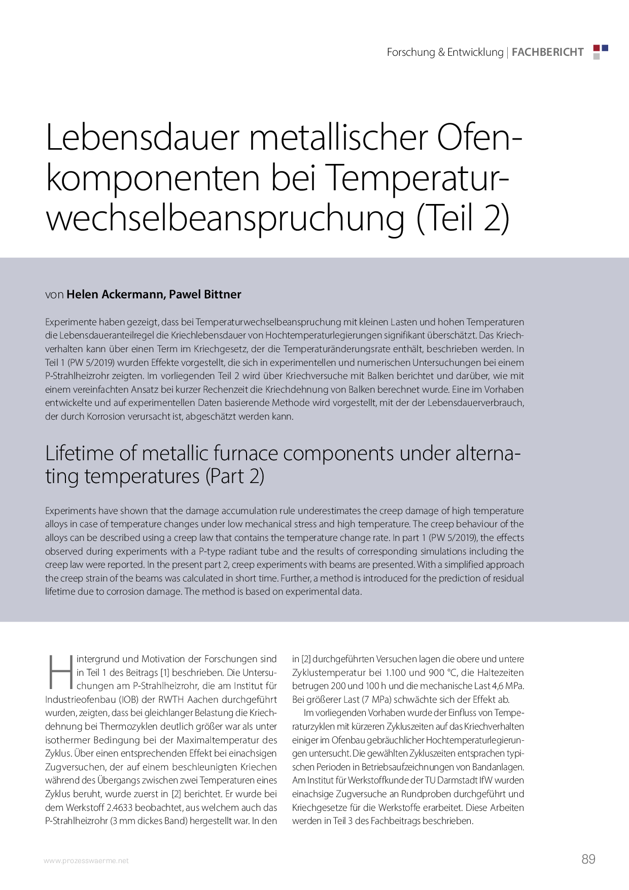 Lebensdauer metallischer Ofenkomponenten bei Temperaturwechselbeanspruchung (Teil 2)