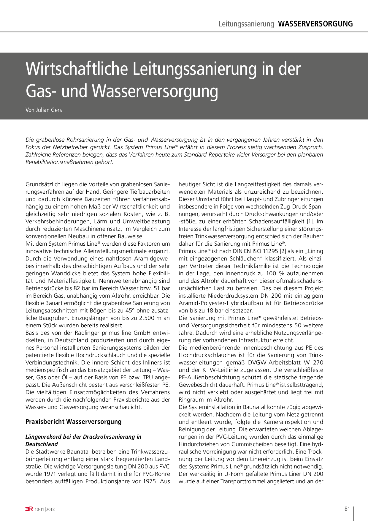 Wirtschaftliche Leitungssanierung in der Gas- und Wasserversorgung