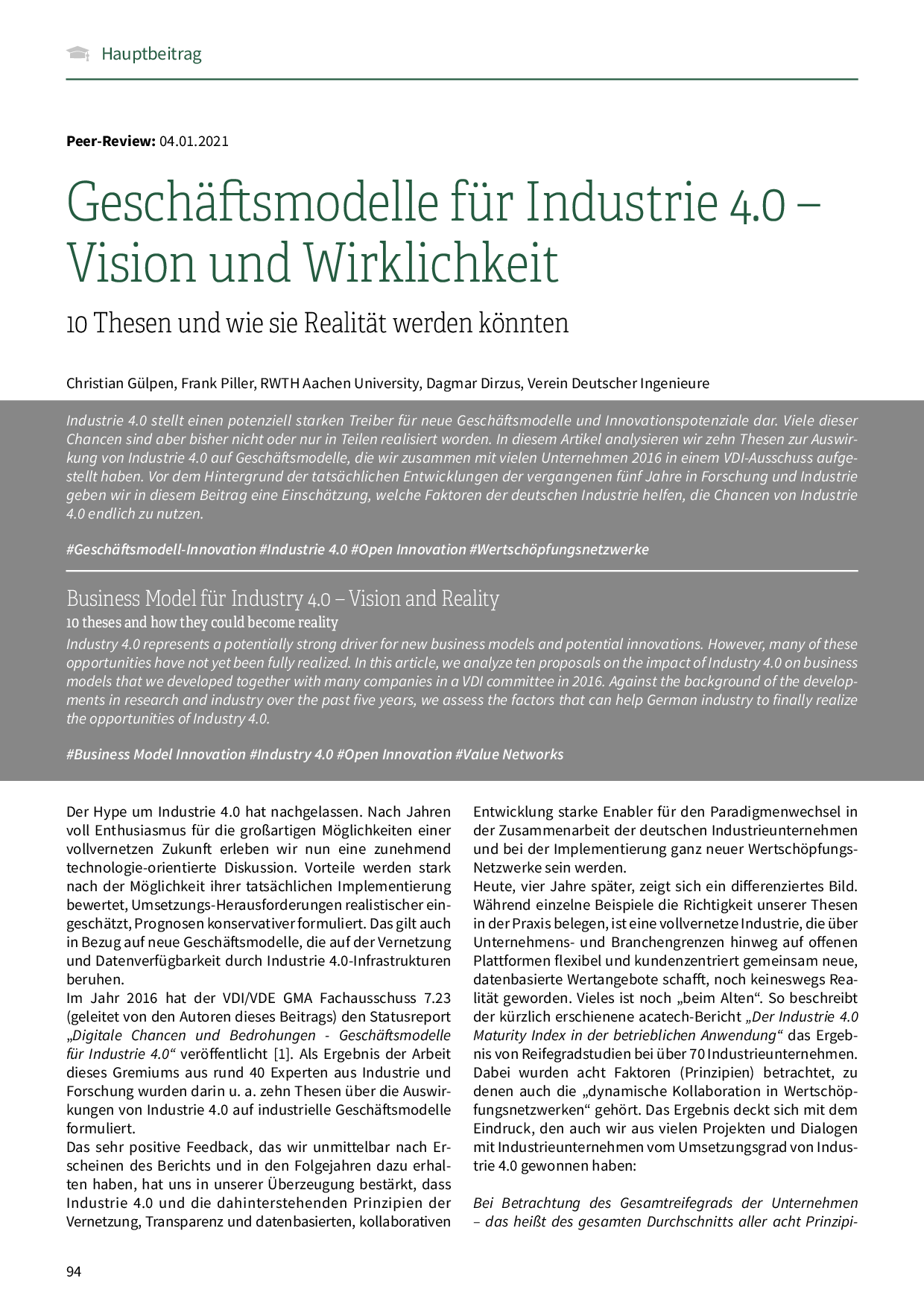 Geschäftsmodelle für Industrie 4.0 – Vision und Wirklichkeit