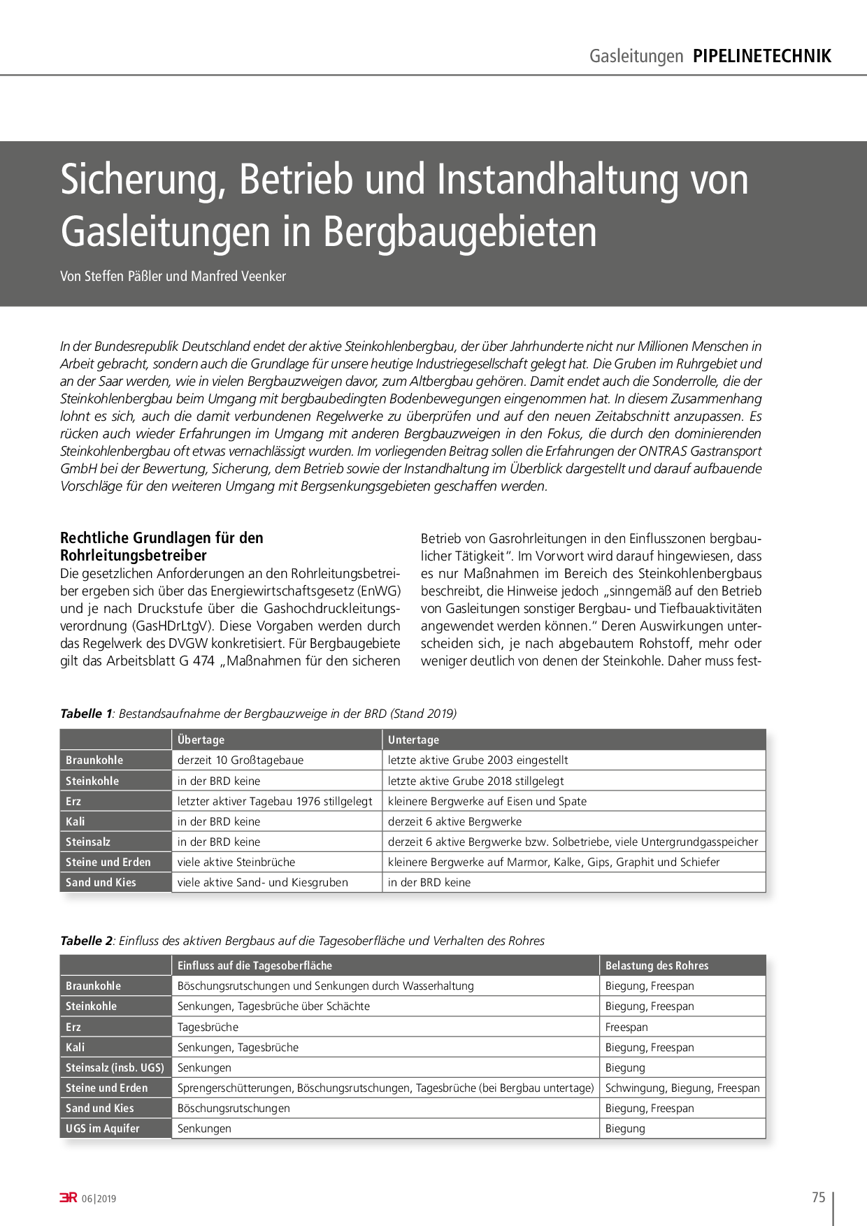 Sicherung, Betrieb und Instandhaltung von Gasleitungen in Bergbaugebieten