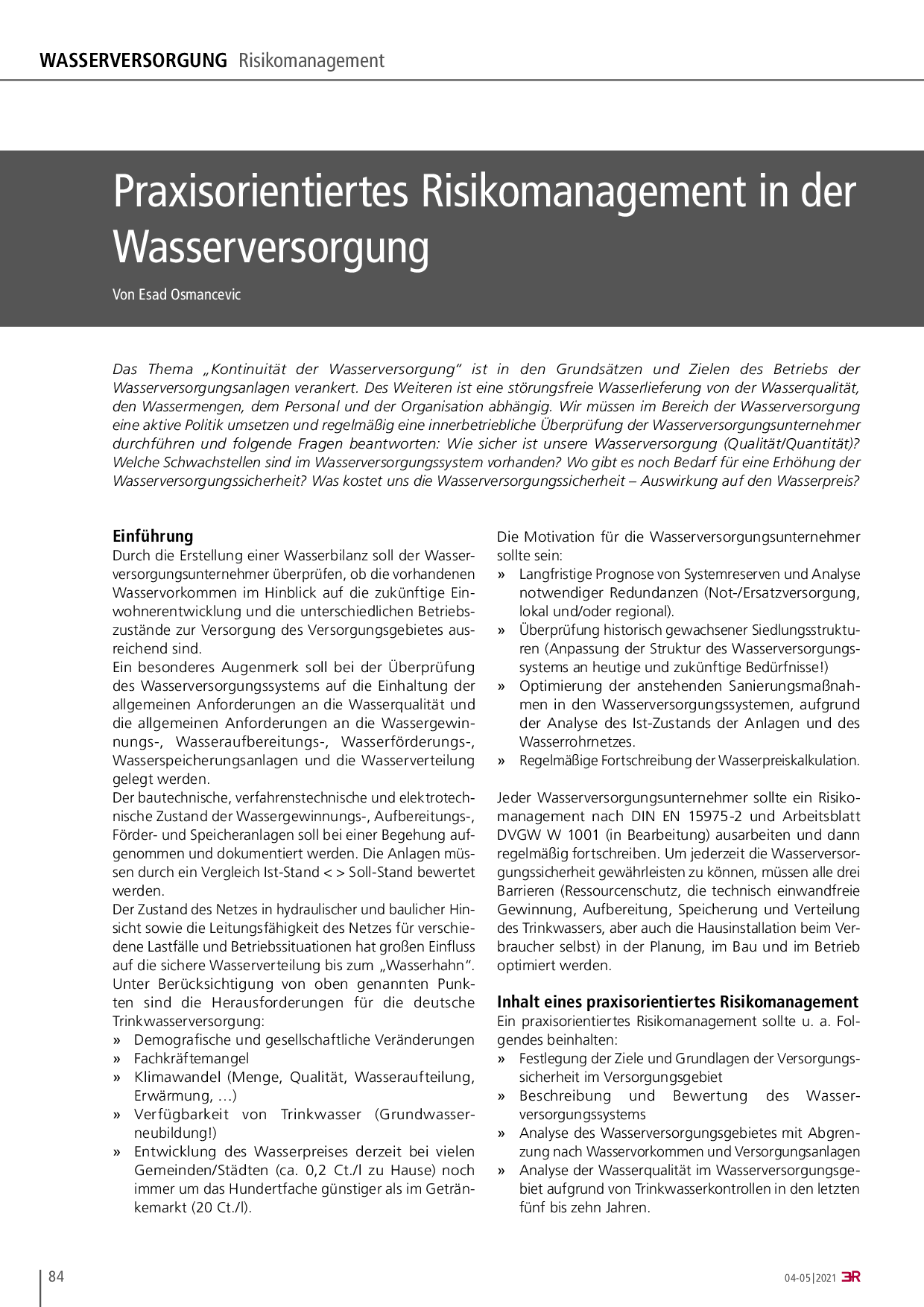 Praxisorientiertes Risikomanagement in der Wasserversorgung