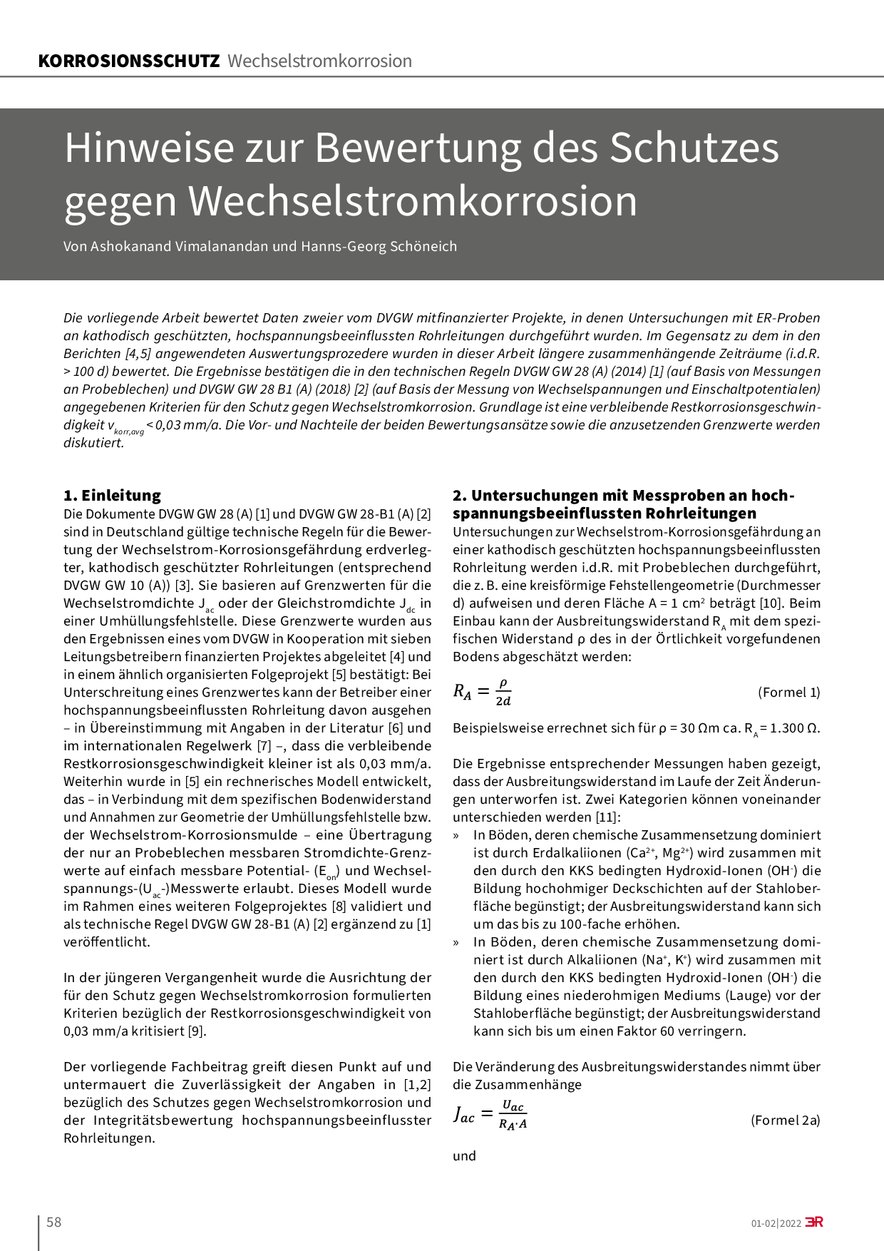 Hinweise zur Bewertung des Schutzes gegen Wechselstromkorrosion