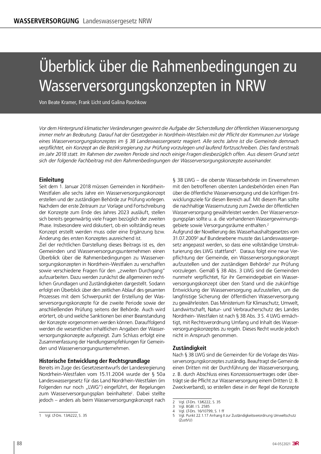 Überblick über die Rahmenbedingungen zu Wasserversorgungskonzepten in NRW