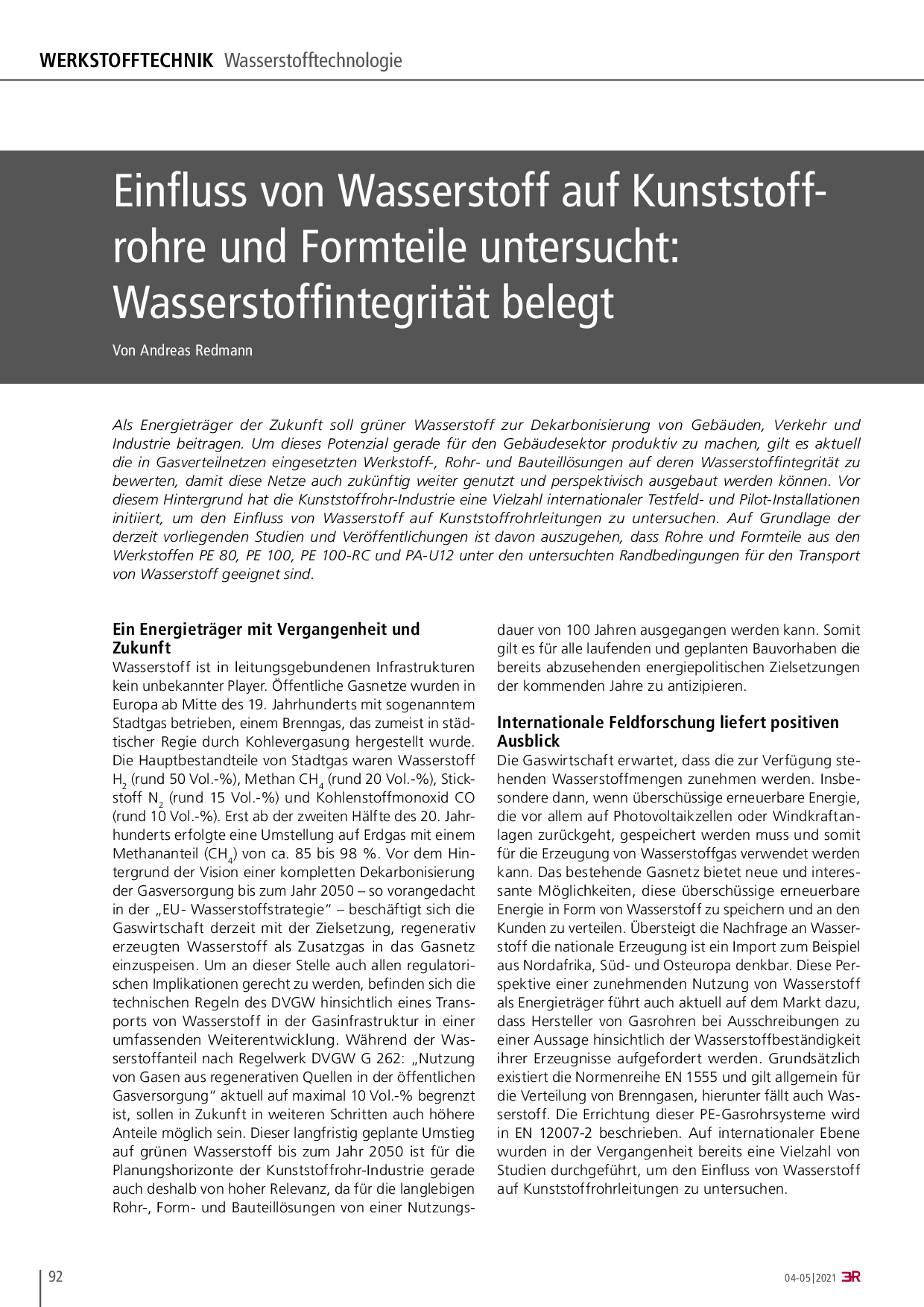 Einfluss von Wasserstoff auf Kunststoffrohre und Formteile untersucht: Wasserstoffintegrität belegt