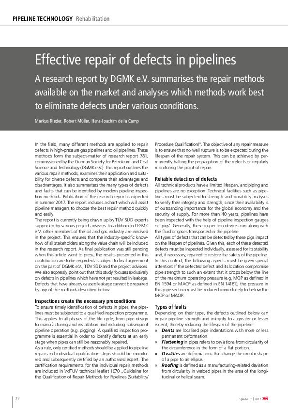 Effective repair of defects in pipelines