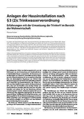 Anlagen der Hausinstallation nach § 3 (2)c Trinkwasserverordnung – Erfahrungen mit der Umsetzung der TrinkwV im Bereich der Wohnwirtschaft